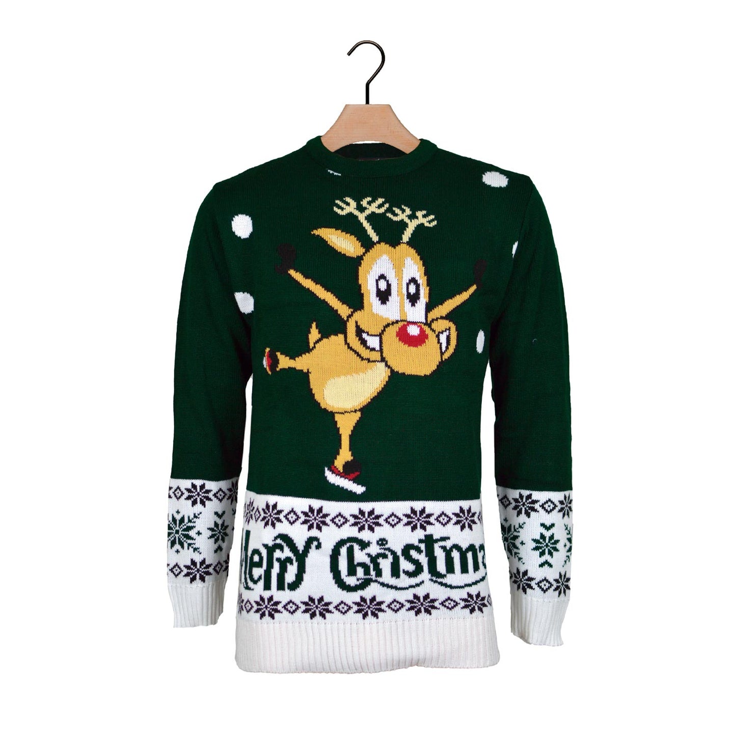 Zielony Sweter Świąteczny z Reniferem łyżwiarstwo